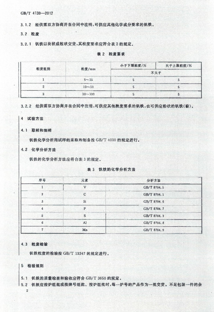 GB/T 4139-2012釩鐵國(guó)家標(biāo)準(zhǔn)